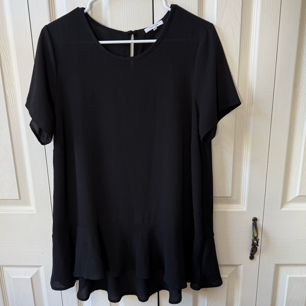 Pleione Black Short Sleeve Ruffle Hem Blouse